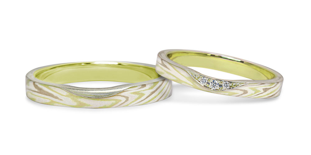 グリーンゴールドで作る結婚指輪(エンゲージリング)　ホワイトゴールド（WG）×グリーンゴールド（GG）×シルバー（SV）内リンググリーンゴールドの結婚指輪