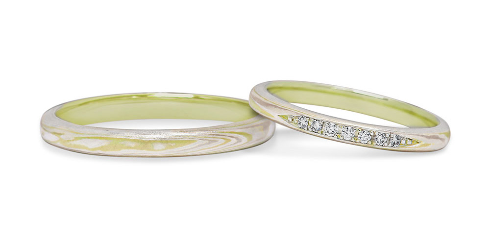 グリーンゴールドで作る結婚指輪(エンゲージリング)　ホワイトゴールド（WG）×グリーンゴールド（GG）×シルバー（SV）内リンググリーンゴールドの結婚指輪