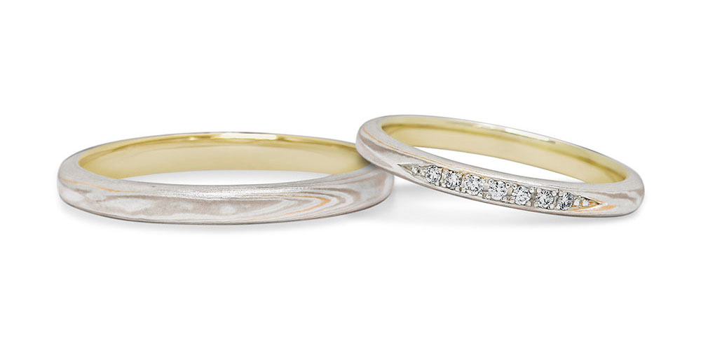 イエローゴールドで作る結婚指輪(エンゲージリング)　ホワイトゴールド（WG）×ピンクゴールドひとすじ（PG）×シルバー（SV）内リングイエローゴールドの結婚指輪